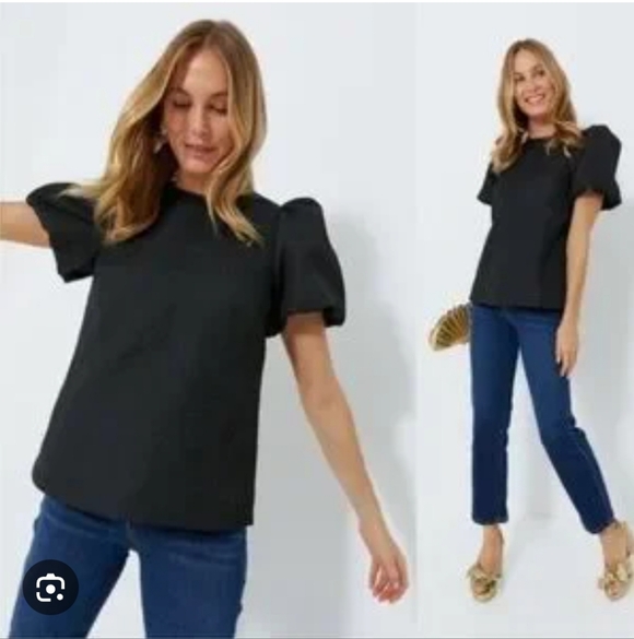 Pomander Place Tops - Pomander Place Textured Black Jaquard Layla Puff Sleeve Blouse In Medium